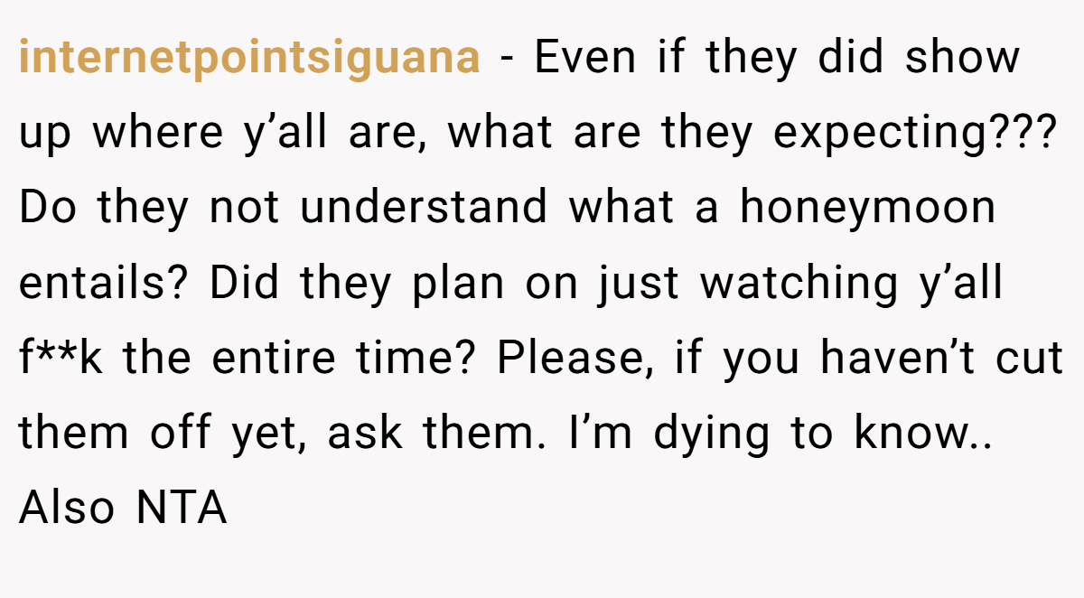 internetpointsiguana − Even if they did show up where y’all are, what are they expecting??? Do they not understand what a honeymoon entails? Did they plan on just watching y’all f**k the entire time? Please, if you haven’t cut them off yet, ask them. I’m dying to know.. Also NTA