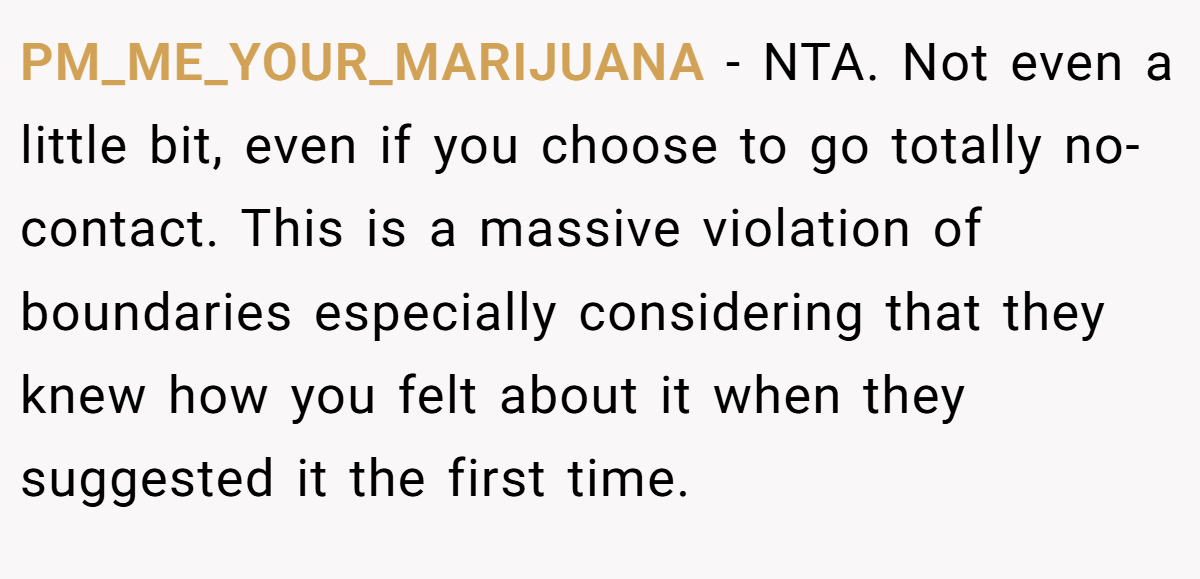 PM_ME_YOUR_MARIJUANA − NTA. Not even a little bit, even if you choose to go totally no-contact. This is a massive violation of boundaries especially considering that they knew how you felt about it when they suggested it the first time.