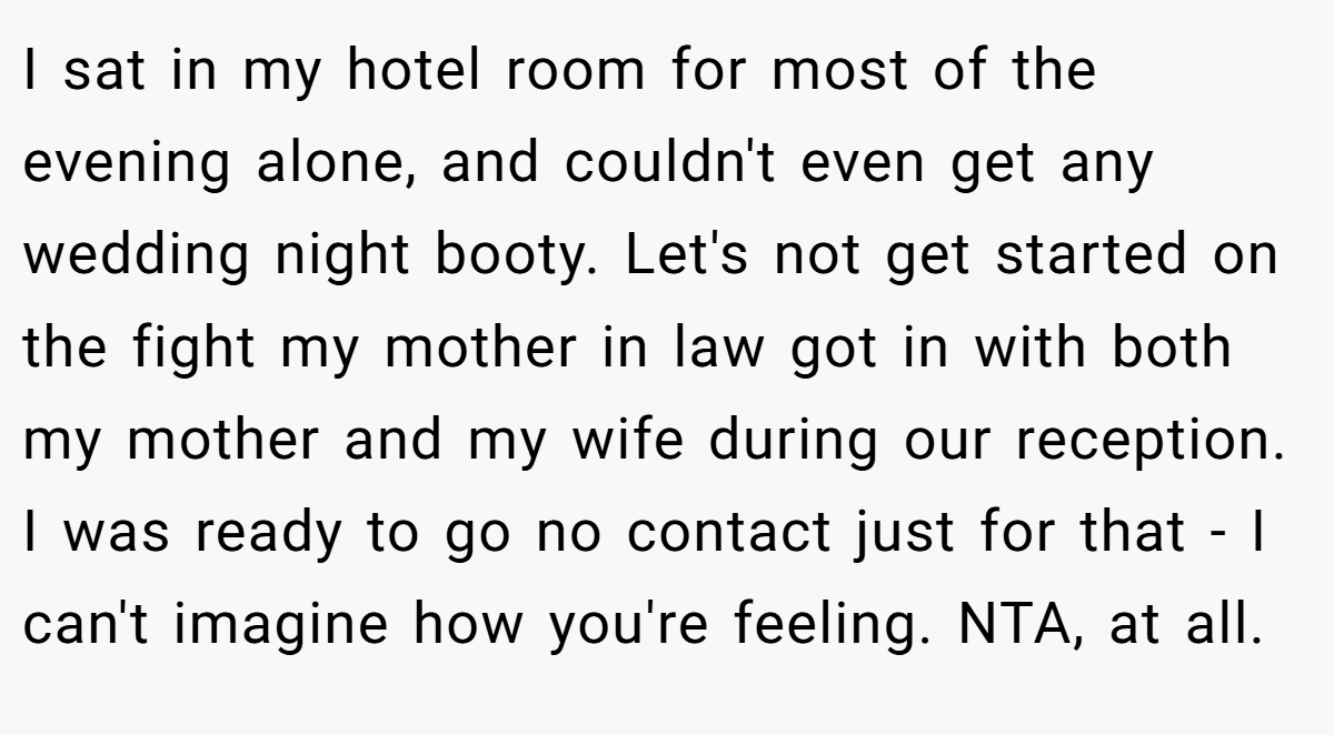 I sat in my hotel room for most of the evening alone, and couldn't even get any wedding night booty. Let's not get started on the fight my mother in law got in with both my mother and my wife during our reception. I was ready to go no contact just for that - I can't imagine how you're feeling. NTA, at all.