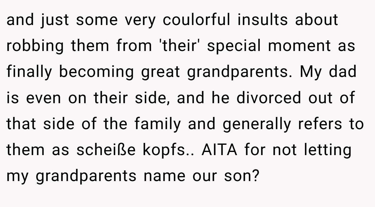 and just some very coulorful insults about robbing them from 'their' special moment as finally becoming great grandparents. My dad is even on their side, and he divorced out of that side of the family and generally refers to them as scheiße kopfs.. AITA for not letting my grandparents name our son?