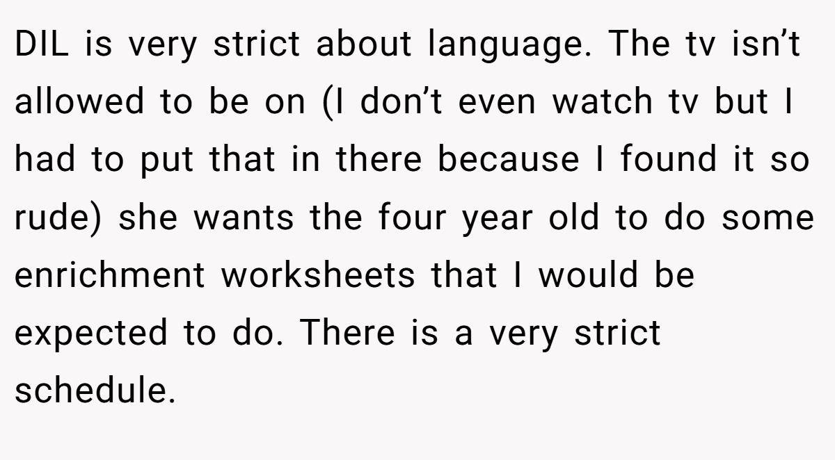 DIL is very strict about language. The tv isn’t allowed to be on (I don’t even watch tv but I had to put that in there because I found it so rude) she wants the four year old to do some enrichment worksheets that I would be expected to do. There is a very strict schedule.