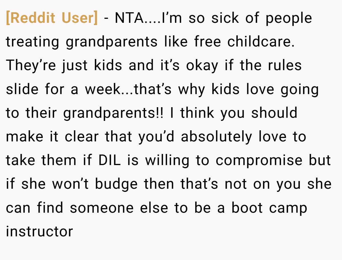 [Reddit User] - NTA....I’m so sick of people treating grandparents like free childcare. They’re just kids and it’s okay if the rules slide for a week...that’s why kids love going to their grandparents!! I think you should make it clear that you’d absolutely love to take them if DIL is willing to compromise but if she won’t budge then that’s not on you she can find someone else to be a boot camp instructor