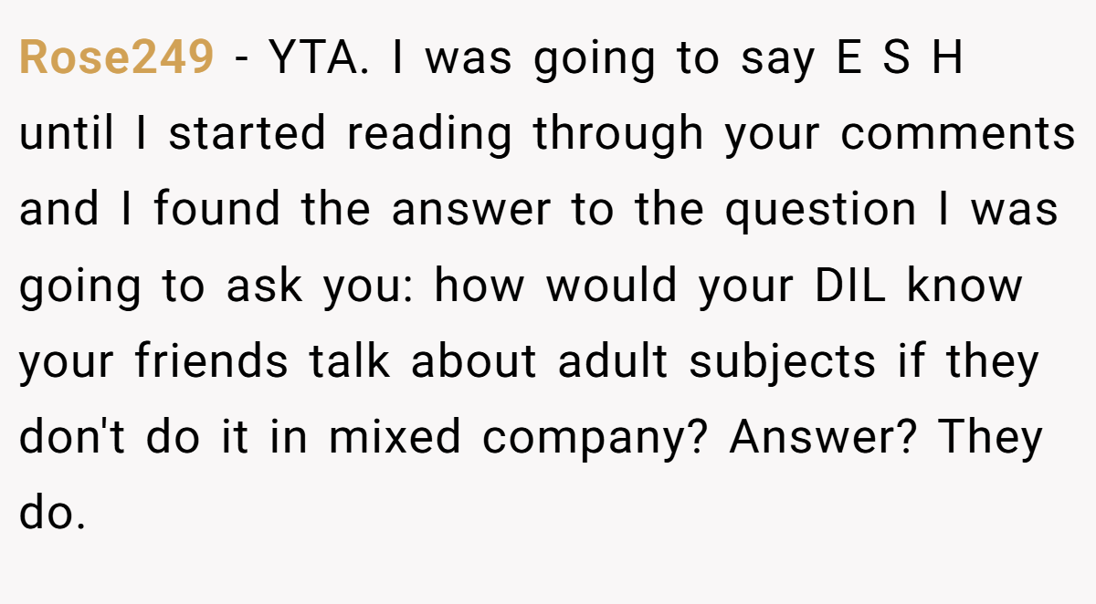 Rose249 - YTA. I was going to say E S H until I started reading through your comments and I found the answer to the question I was going to ask you: how would your DIL know your friends talk about adult subjects if they don't do it in mixed company? Answer? They do.