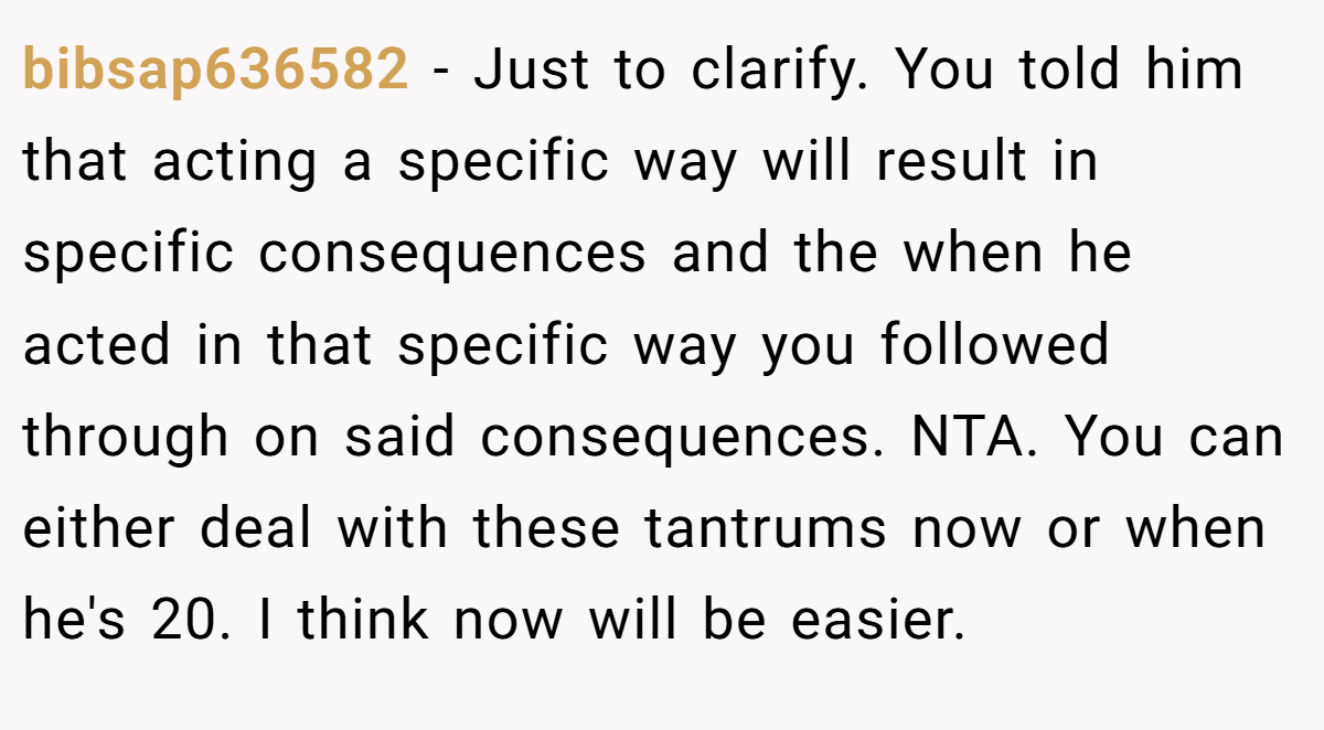bibsap636582 − Just to clarify. You told him that acting a specific way will result in specific consequences and the when he acted in that specific way you followed through on said consequences. NTA. You can either deal with these tantrums now or when he's 20. I think now will be easier.