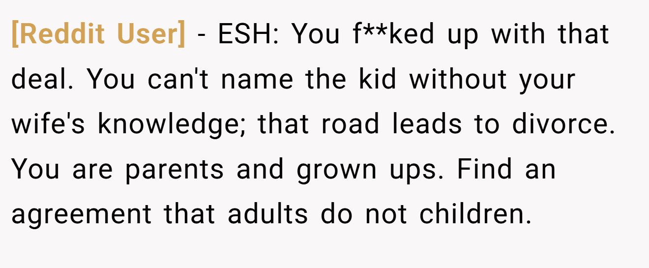 [Reddit User] - ESH: You f**ked up with that deal. You can't name the kid without your wife's knowledge; that road leads to divorce. You are parents and grown ups. Find an agreement that adults do not children.