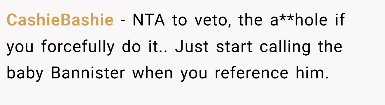 CashieBashie - NTA to veto, the a**hole if you forcefully do it.. Just start calling the baby Bannister when you reference him.