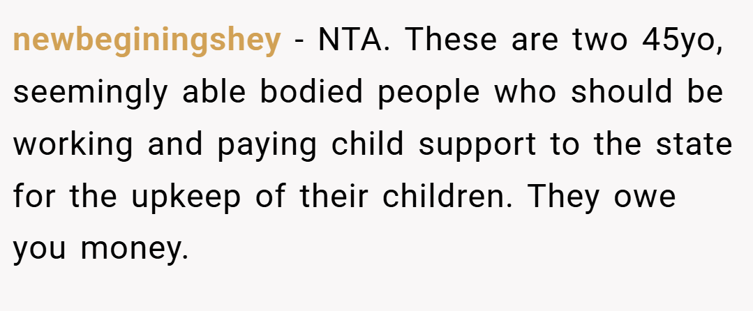 newbeginingshey − NTA. These are two 45yo, seemingly able bodied people who should be working and paying child support to the state for the upkeep of their children. They owe you money.