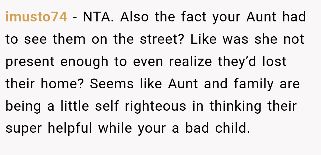 imusto74 − NTA. Also the fact your Aunt had to see them on the street? Like was she not present enough to even realize they’d lost their home? Seems like Aunt and family are being a little self righteous in thinking their super helpful while your a bad child.