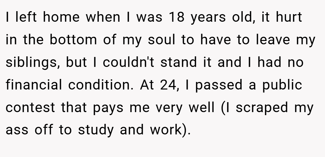 I left home when I was 18 years old, it hurt in the bottom of my soul to have to leave my siblings, but I couldn't stand it and I had no financial condition. At 24, I passed a public contest that pays me very well (I scraped my ass off to study and work).