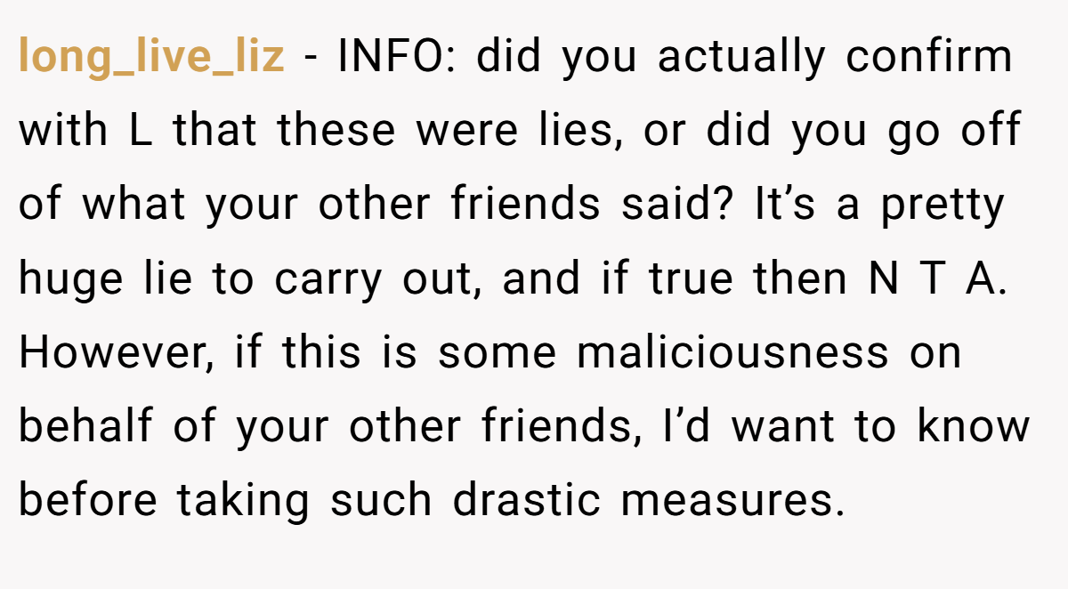 long_live_liz − INFO: did you actually confirm with L that these were lies, or did you go off of what your other friends said? It’s a pretty huge lie to carry out, and if true then N T A. However, if this is some maliciousness on behalf of your other friends, I’d want to know before taking such drastic measures.