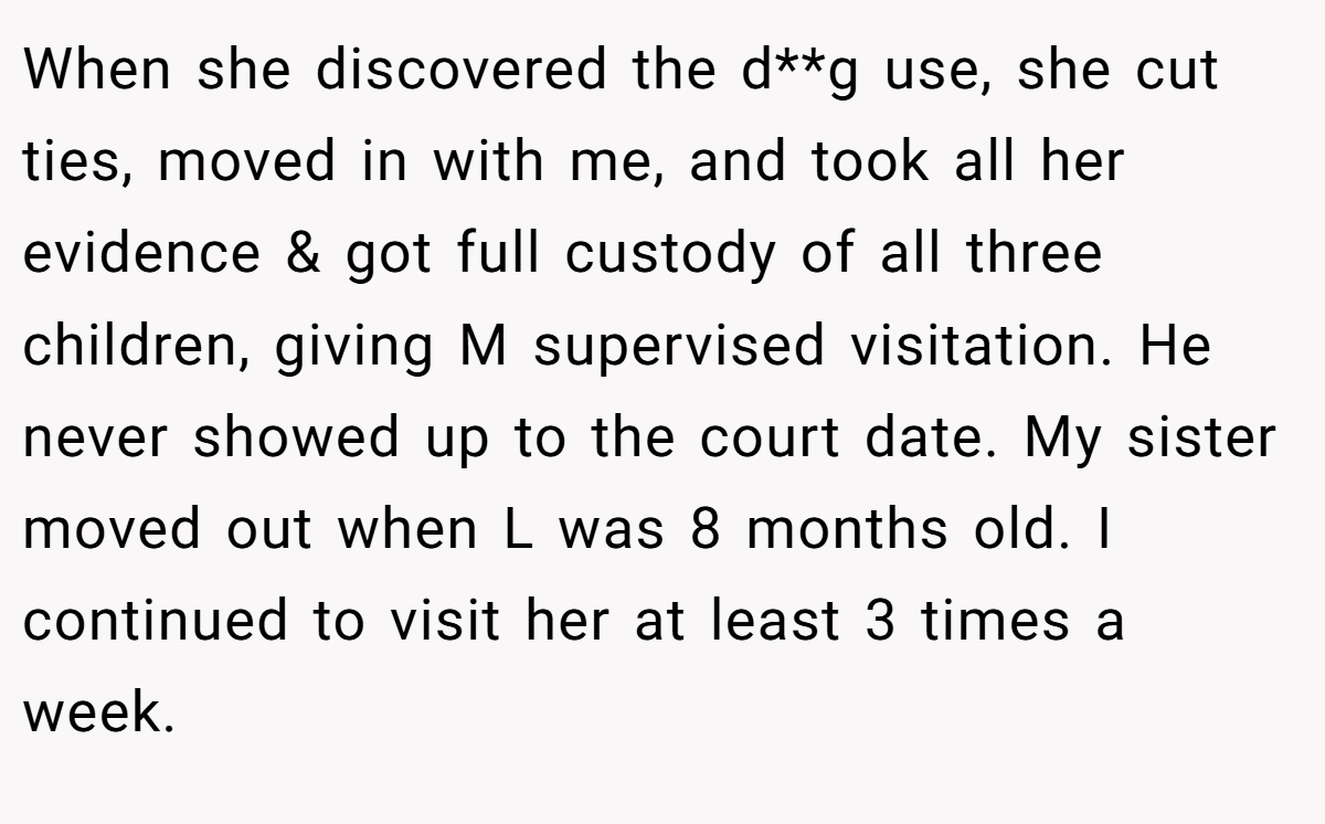 When she discovered the d**g use, she cut ties, moved in with me, and took all her evidence & got full custody of all three children, giving M supervised visitation. He never showed up to the court date. My sister moved out when L was 8 months old. I continued to visit her at least 3 times a week.
