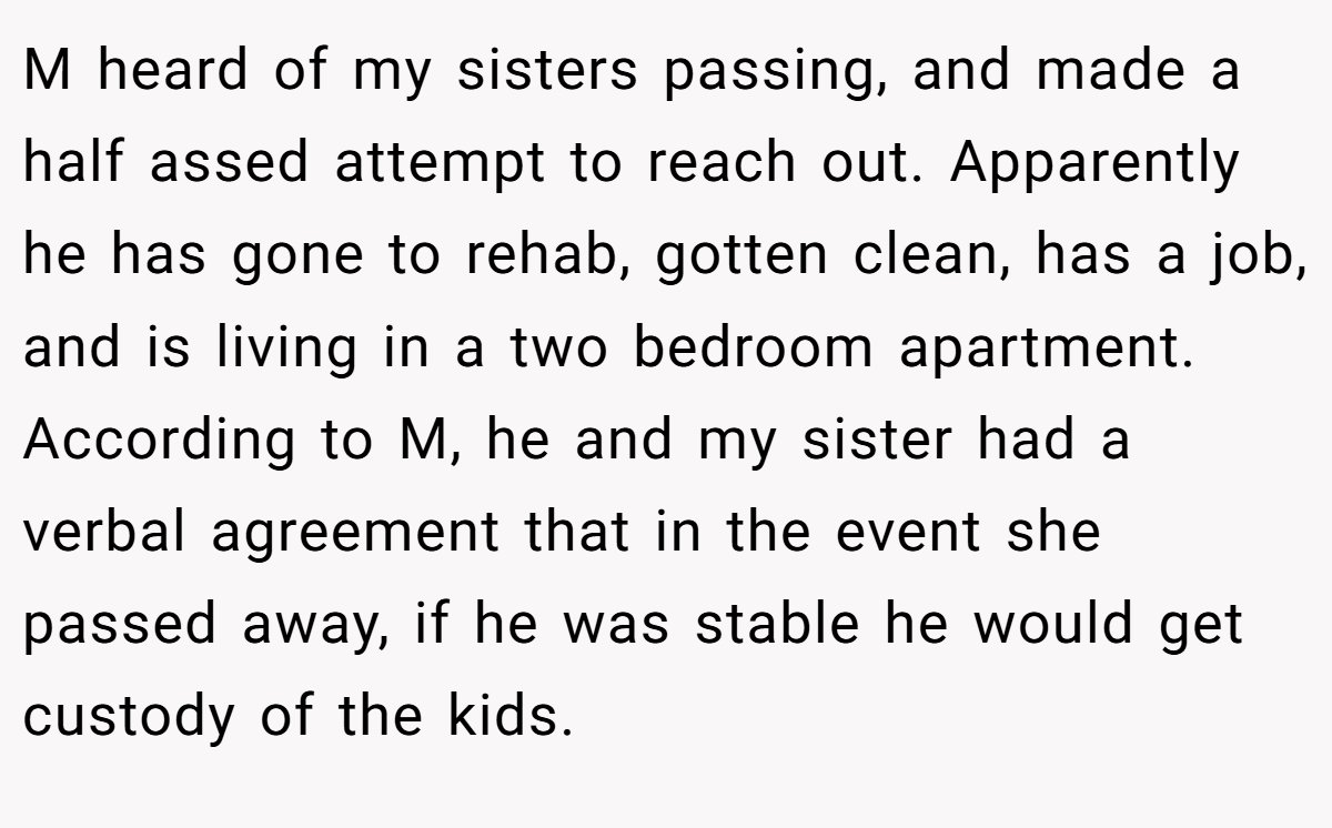 M heard of my sisters passing, and made a half assed attempt to reach out. Apparently he has gone to rehab, gotten clean, has a job, and is living in a two bedroom apartment. According to M, he and my sister had a verbal agreement that in the event she passed away, if he was stable he would get custody of the kids.