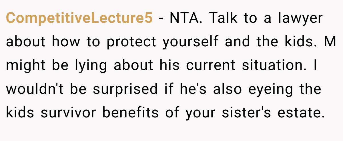 CompetitiveLecture5 - NTA. Talk to a lawyer about how to protect yourself and the kids. M might be lying about his current situation. I wouldn't be surprised if he's also eyeing the kids survivor benefits of your sister's estate.