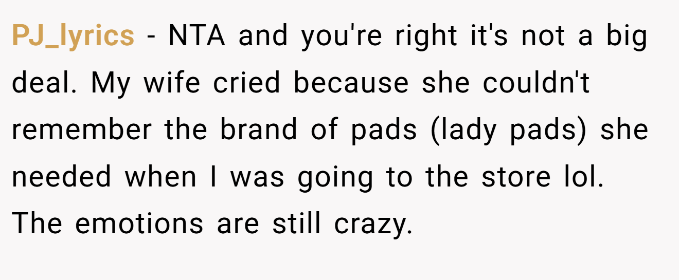PJ_lyrics - NTA and you're right it's not a big deal. My wife cried because she couldn't remember the brand of pads (lady pads) she needed when I was going to the store lol. The emotions are still crazy.