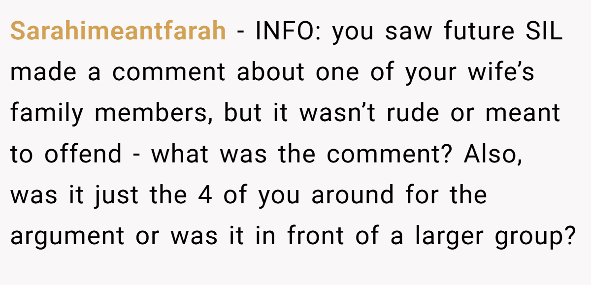 Sarahimeantfarah - INFO: you saw future SIL made a comment about one of your wife’s family members, but it wasn’t rude or meant to offend - what was the comment? Also, was it just the 4 of you around for the argument or was it in front of a larger group?