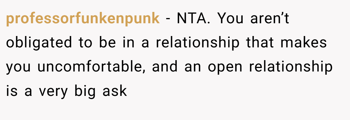 professorfunkenpunk − NTA. You aren’t obligated to be in a relationship that makes you uncomfortable, and an open relationship is a very big ask