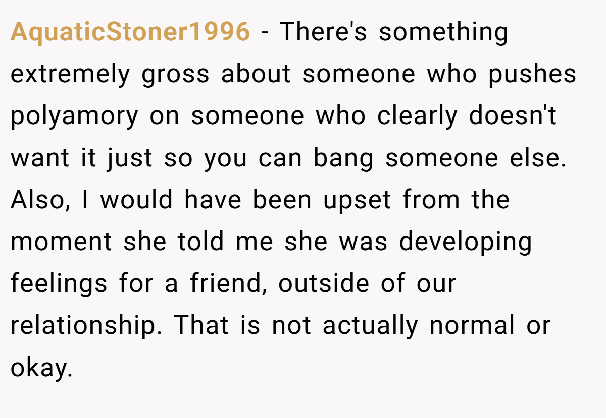AquaticStoner1996 − There's something extremely gross about someone who pushes polyamory on someone who clearly doesn't want it just so you can bang someone else. Also, I would have been upset from the moment she told me she was developing feelings for a friend, outside of our relationship. That is not actually normal or okay.