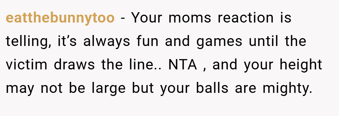 eatthebunnytoo − Your moms reaction is telling, it’s always fun and games until the victim draws the line.. NTA , and your height may not be large but your balls are mighty.