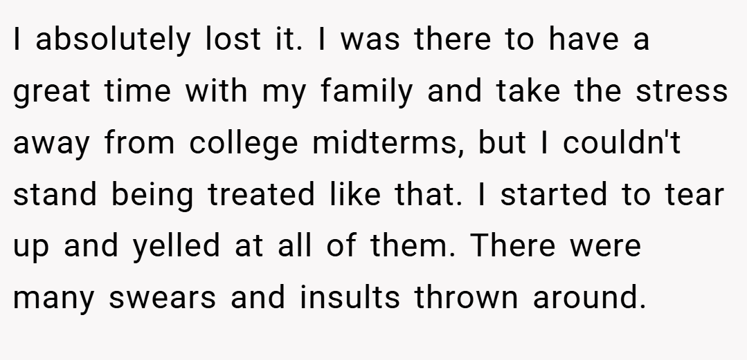 I absolutely lost it. I was there to have a great time with my family and take the stress away from college midterms, but I couldn't stand being treated like that. I started to tear up and yelled at all of them. There were many swears and insults thrown around.