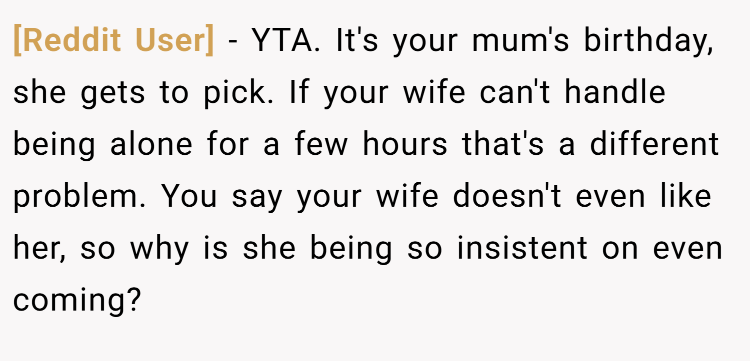 [Reddit User] − YTA. It's your mum's birthday, she gets to pick. If your wife can't handle being alone for a few hours that's a different problem. You say your wife doesn't even like her, so why is she being so insistent on even coming?
