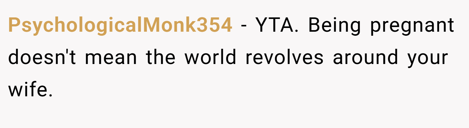 PsychologicalMonk354 − YTA. Being pregnant doesn't mean the world revolves around your wife.