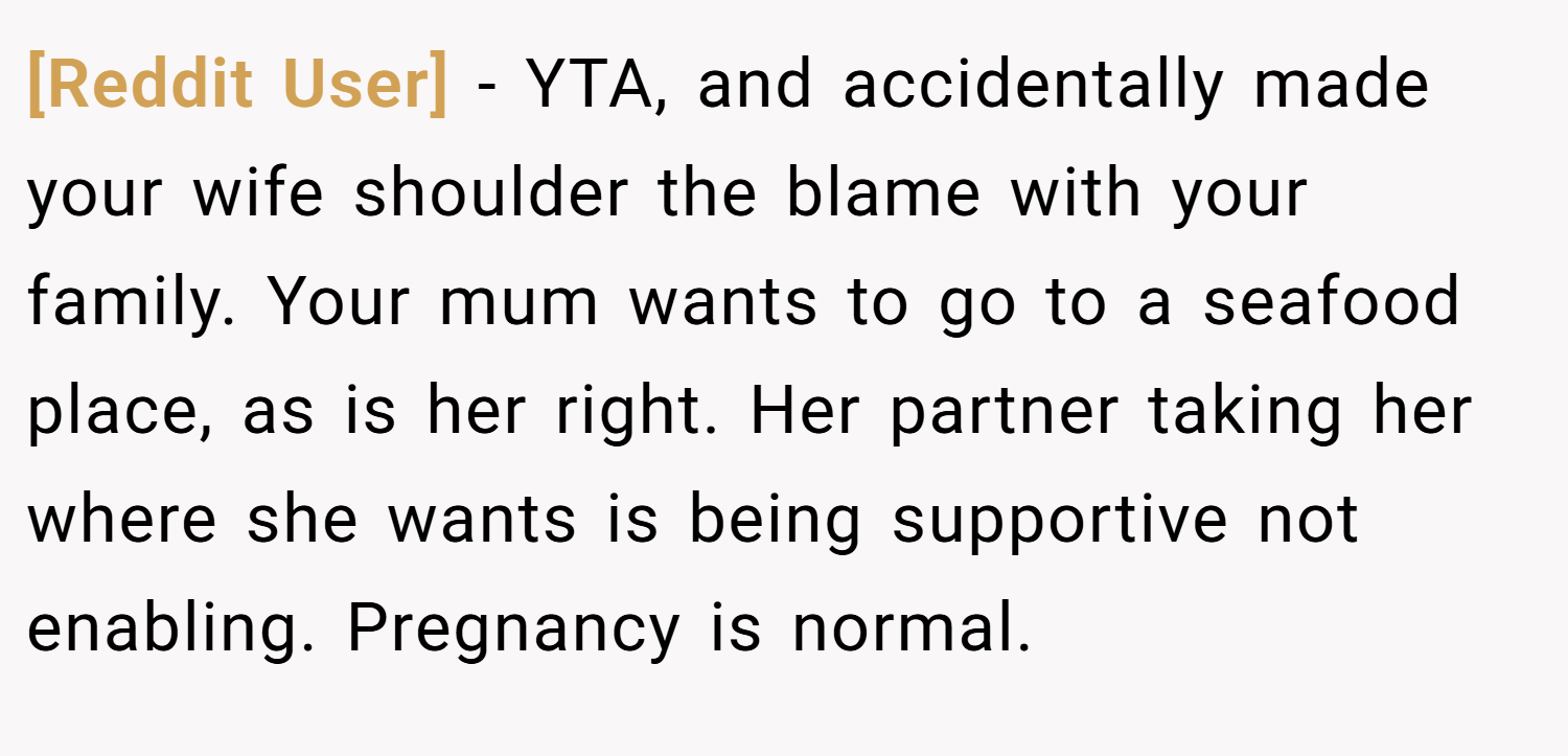 [Reddit User] − YTA, and accidentally made your wife shoulder the blame with your family. Your mum wants to go to a seafood place, as is her right. Her partner taking her where she wants is being supportive not enabling. Pregnancy is normal.