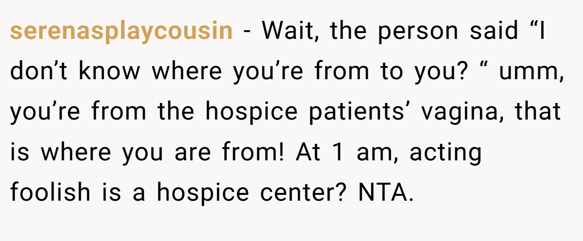 serenasplaycousin − Wait, the person said “I don’t know where you’re from to you? “ umm, you’re from the hospice patients’ vagina, that is where you are from! At 1 am, acting foolish is a hospice center? NTA.