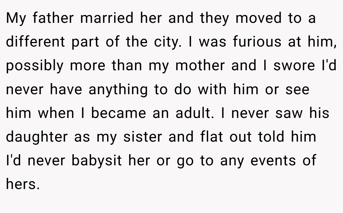 My father married her and they moved to a different part of the city. I was furious at him, possibly more than my mother and I swore I'd never have anything to do with him or see him when I became an adult. I never saw his daughter as my sister and flat out told him I'd never babysit her or go to any events of hers.