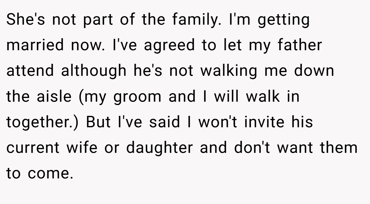 She's not part of the family. I'm getting married now. I've agreed to let my father attend although he's not walking me down the aisle (my groom and I will walk in together.) But I've said I won't invite his current wife or daughter and don't want them to come.