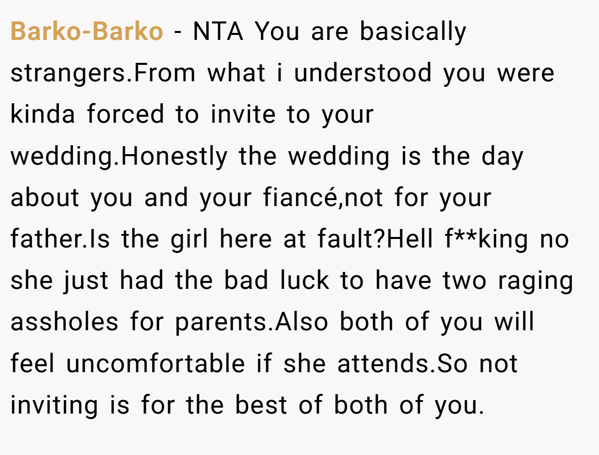 Barko-Barko - NTA You are basically strangers.From what i understood you were kinda forced to invite to your wedding.Honestly the wedding is the day about you and your fiancé,not for your father.Is the girl here at fault?Hell f**king no she just had the bad luck to have two raging assholes for parents.Also both of you will feel uncomfortable if she attends.So not inviting is for the best of both of you.