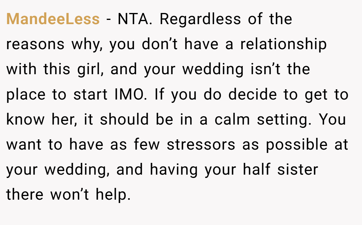 MandeeLess - NTA. Regardless of the reasons why, you don’t have a relationship with this girl, and your wedding isn’t the place to start IMO. If you do decide to get to know her, it should be in a calm setting. You want to have as few stressors as possible at your wedding, and having your half sister there won’t help.