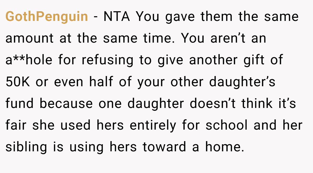 GothPenguin - NTA You gave them the same amount at the same time. You aren’t an a**hole for refusing to give another gift of 50K or even half of your other daughter’s fund because one daughter doesn’t think it’s fair she used hers entirely for school and her sibling is using hers toward a home.