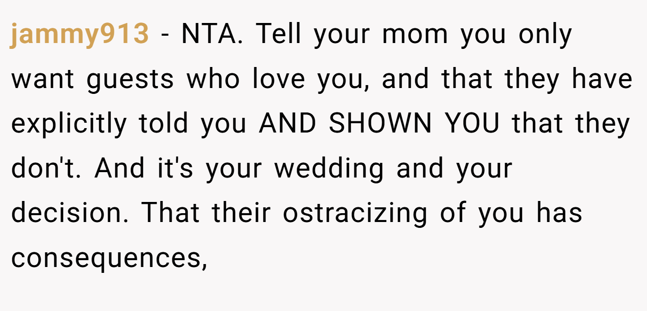 jammy913 - NTA. Tell your mom you only want guests who love you, and that they have explicitly told you AND SHOWN YOU that they don't. And it's your wedding and your decision. That their ostracizing of you has consequences,