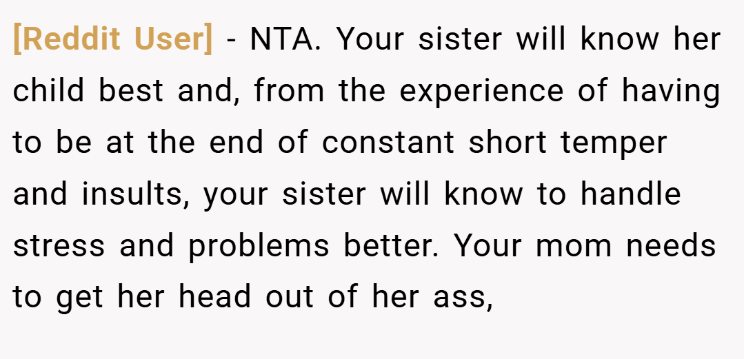 [Reddit User] − NTA. Your sister will know her child best and, from the experience of having to be at the end of constant short temper and insults, your sister will know to handle stress and problems better. Your mom needs to get her head out of her ass,