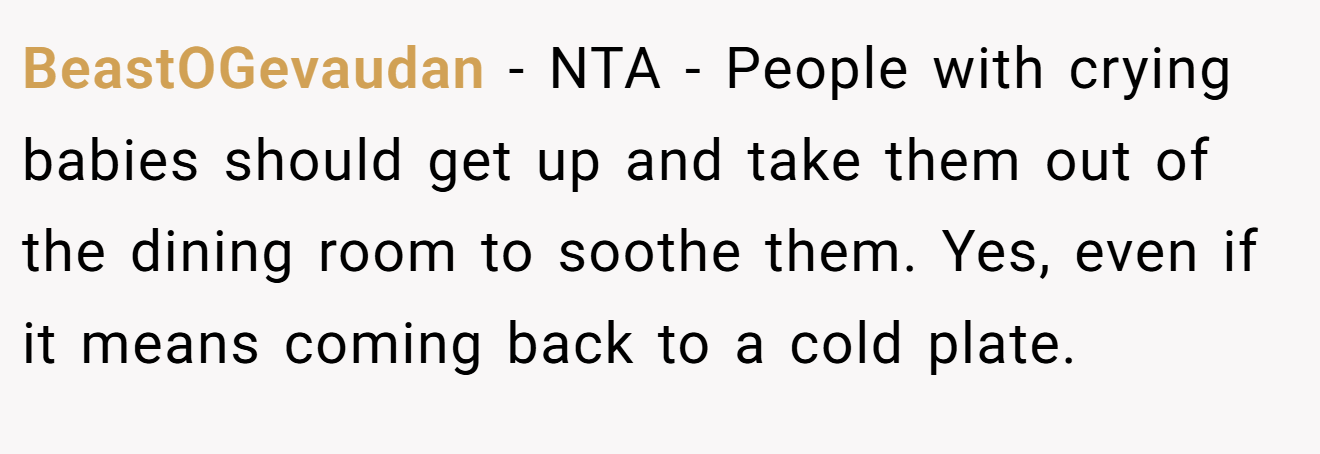 BeastOGevaudan - NTA - People with crying babies should get up and take them out of the dining room to soothe them. Yes, even if it means coming back to a cold plate.