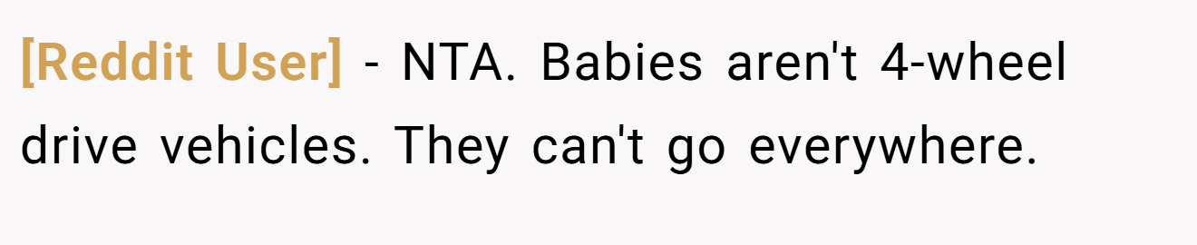[Reddit User] - NTA. Babies aren't 4-wheel drive vehicles. They can't go everywhere.