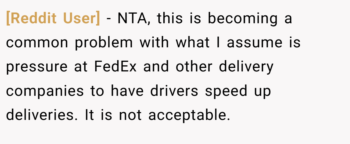 [Reddit User] − NTA, this is becoming a common problem with what I assume is pressure at FedEx and other delivery companies to have drivers speed up deliveries. It is not acceptable.