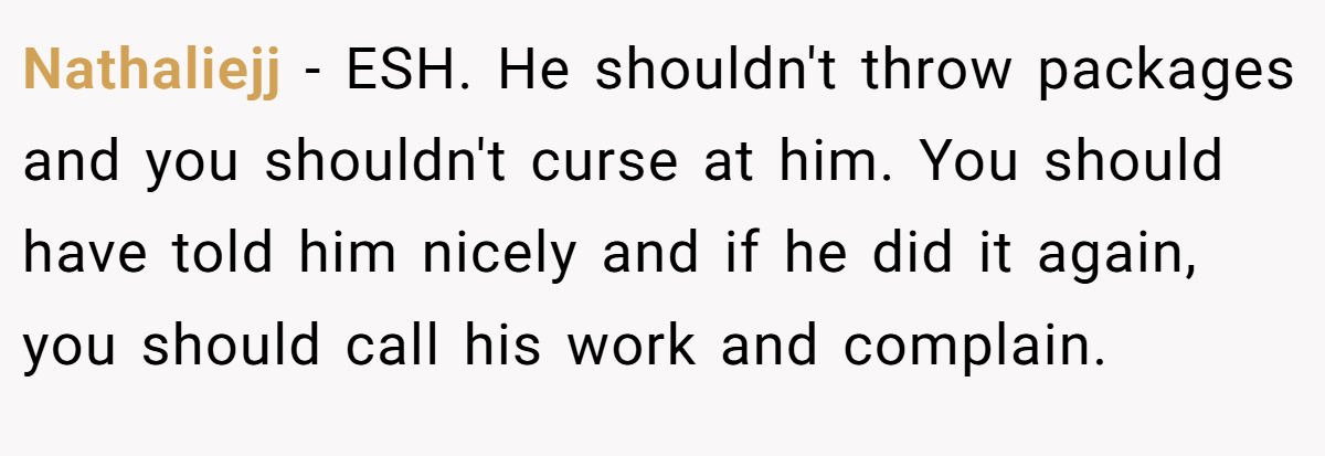 Nathaliejj − ESH. He shouldn't throw packages and you shouldn't curse at him. You should have told him nicely and if he did it again, you should call his work and complain.