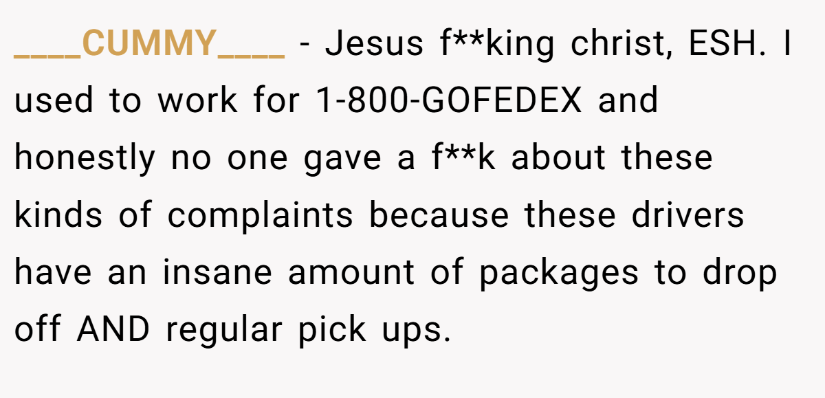 ____CUMMY____ − Jesus f**king christ, ESH. I used to work for 1-800-GOFEDEX and honestly no one gave a f**k about these kinds of complaints because these drivers have an insane amount of packages to drop off AND regular pick ups.