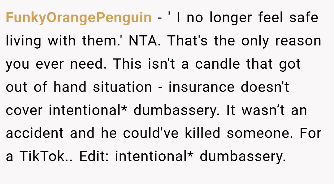 FunkyOrangePenguin − ' I no longer feel safe living with them.' NTA. That's the only reason you ever need. This isn't a candle that got out of hand situation - insurance doesn't cover intentional* dumbassery. It wasn’t an accident and he could've killed someone. For a TikTok.. Edit: intentional* dumbassery.