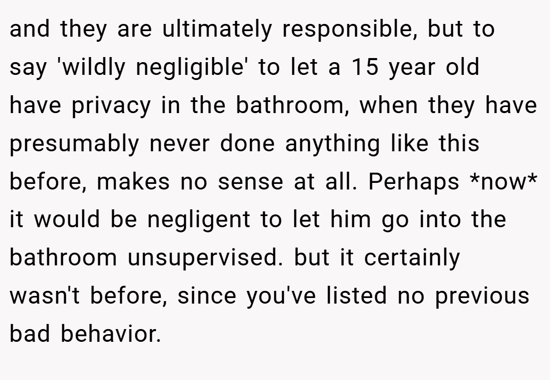 and they are ultimately responsible, but to say 'wildly negligible' to let a 15 year old have privacy in the bathroom, when they have presumably never done anything like this before, makes no sense at all. Perhaps *now* it would be negligent to let him go into the bathroom unsupervised. but it certainly wasn't before, since you've listed no previous bad behavior.