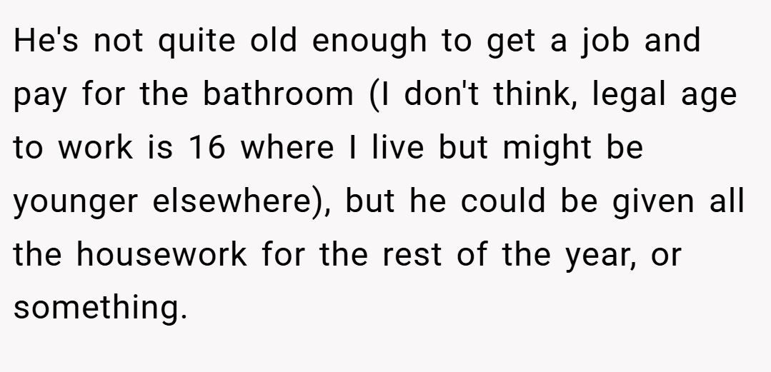 He's not quite old enough to get a job and pay for the bathroom (I don't think, legal age to work is 16 where I live but might be younger elsewhere), but he could be given all the housework for the rest of the year, or something.