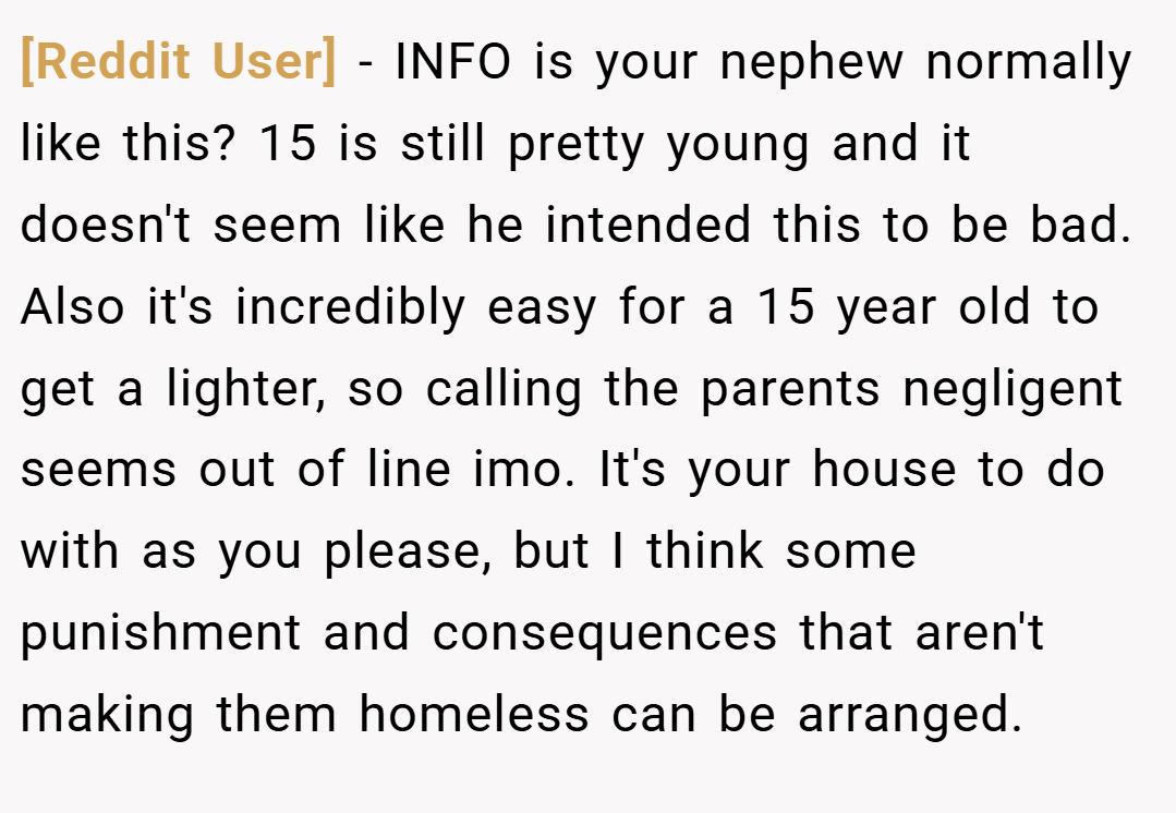 [Reddit User] − INFO is your nephew normally like this? 15 is still pretty young and it doesn't seem like he intended this to be bad. Also it's incredibly easy for a 15 year old to get a lighter, so calling the parents negligent seems out of line imo. It's your house to do with as you please, but I think some punishment and consequences that aren't making them homeless can be arranged.