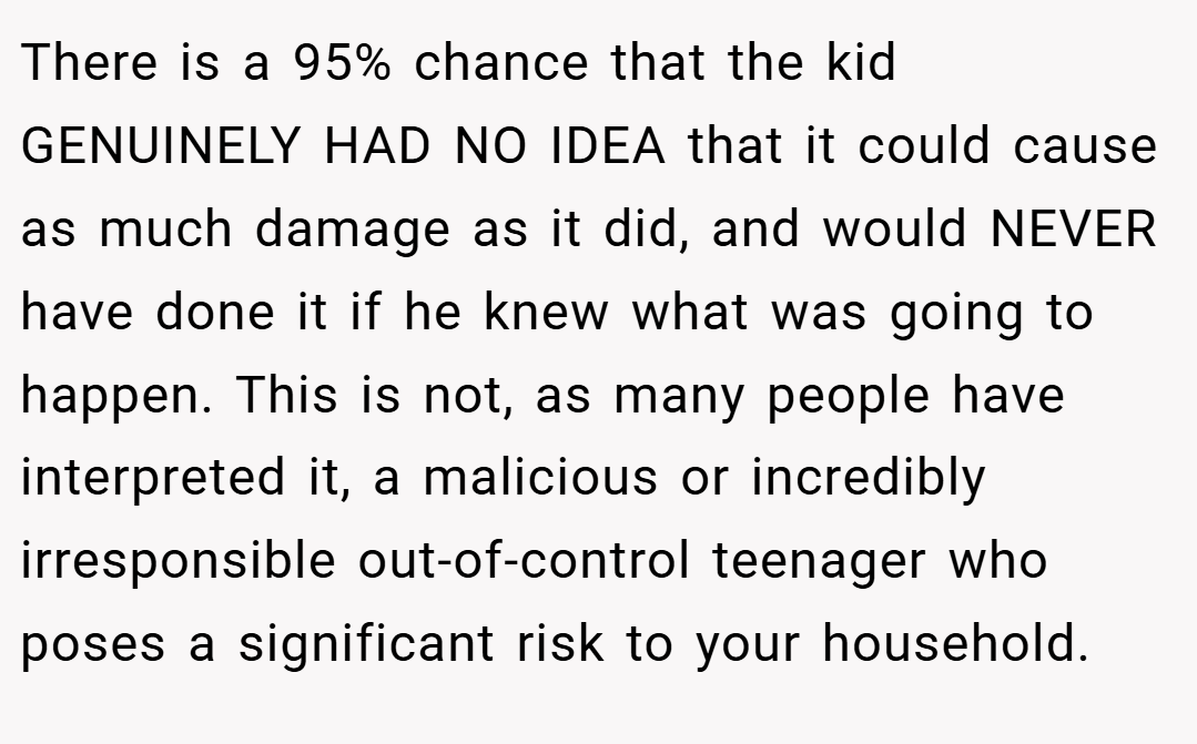 There is a 95% chance that the kid GENUINELY HAD NO IDEA that it could cause as much damage as it did, and would NEVER have done it if he knew what was going to happen. This is not, as many people have interpreted it, a malicious or incredibly irresponsible out-of-control teenager who poses a significant risk to your household.