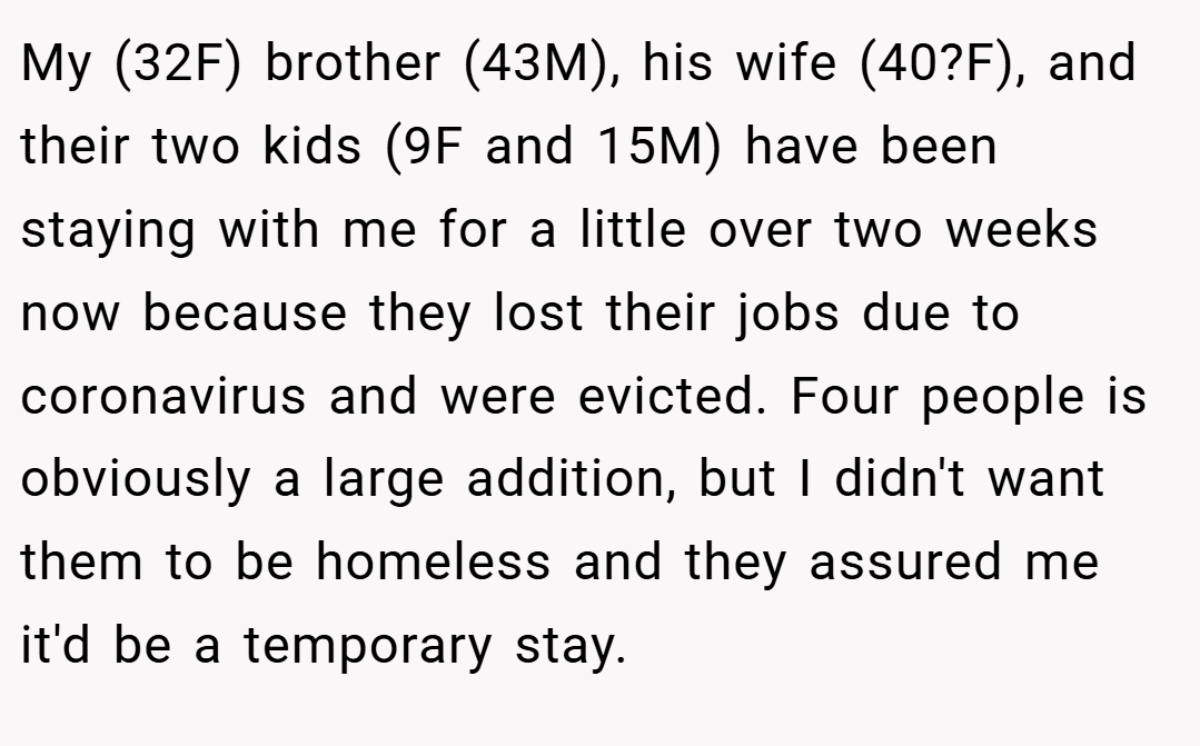 My (32F) brother (43M), his wife (40?F), and their two kids (9F and 15M) have been staying with me for a little over two weeks now because they lost their jobs due to coronavirus and were evicted. Four people is obviously a large addition, but I didn't want them to be homeless and they assured me it'd be a temporary stay.