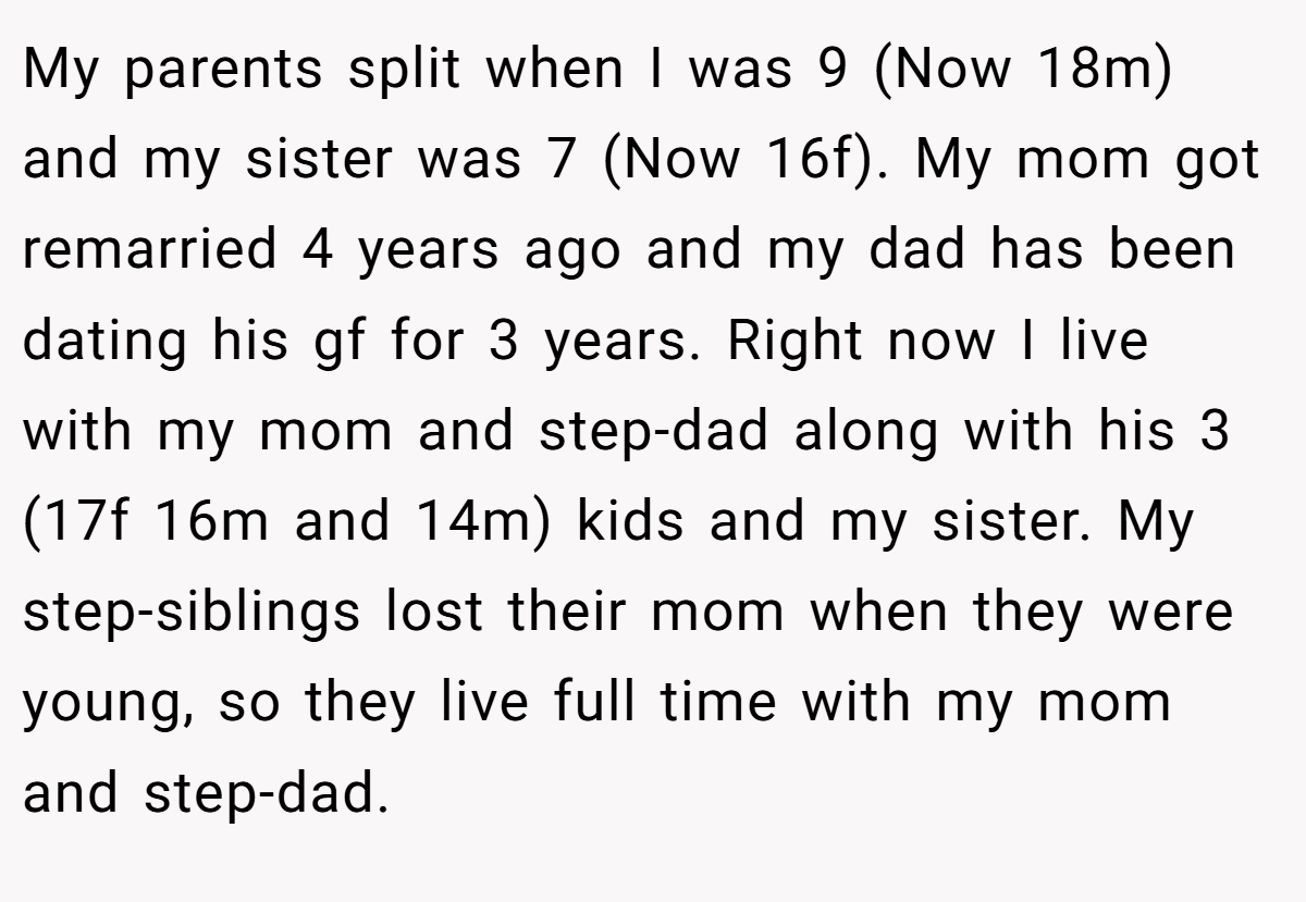 My parents split when I was 9 (Now 18m) and my sister was 7 (Now 16f). My mom got remarried 4 years ago and my dad has been dating his gf for 3 years. Right now I live with my mom and step-dad along with his 3 (17f 16m and 14m) kids and my sister. My step-siblings lost their mom when they were young, so they live full time with my mom and step-dad.