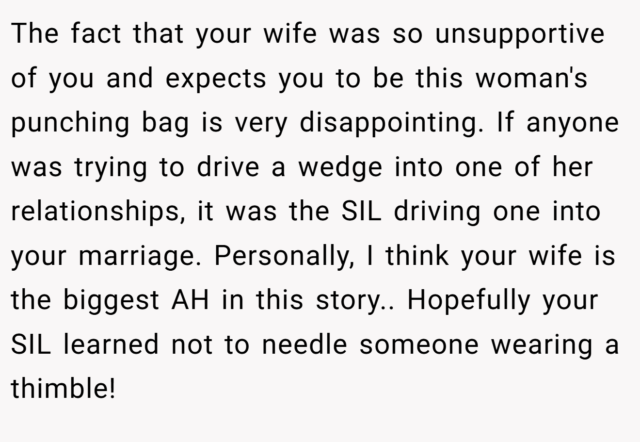 The fact that your wife was so unsupportive of you and expects you to be this woman's punching bag is very disappointing. If anyone was trying to drive a wedge into one of her relationships, it was the SIL driving one into your marriage. Personally, I think your wife is the biggest AH in this story.. Hopefully your SIL learned not to needle someone wearing a thimble!