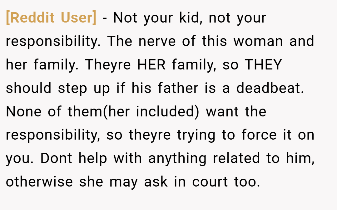 [Reddit User] − Not your kid, not your responsibility. The nerve of this woman and her family. Theyre HER family, so THEY should step up if his father is a deadbeat. None of them(her included) want the responsibility, so theyre trying to force it on you. Dont help with anything related to him, otherwise she may ask in court too.