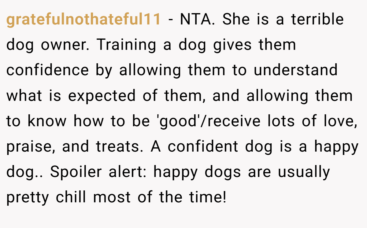 gratefulnothateful11 − NTA. She is a terrible dog owner. Training a dog gives them confidence by allowing them to understand what is expected of them, and allowing them to know how to be 'good'/receive lots of love, praise, and treats. A confident dog is a happy dog.. Spoiler alert: happy dogs are usually pretty chill most of the time!