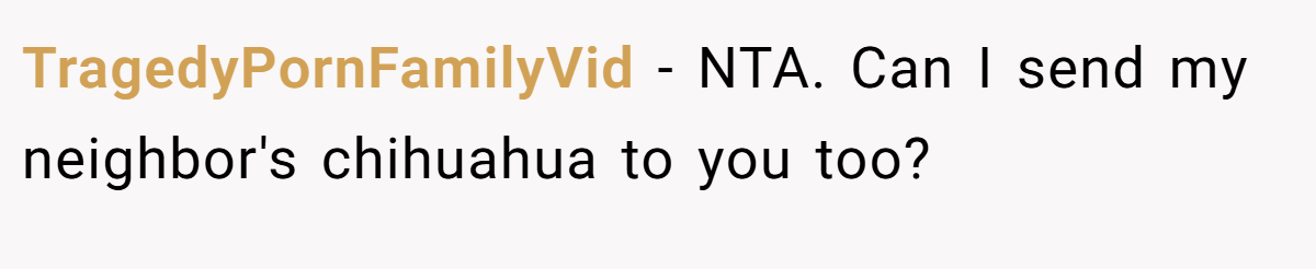 TragedyPornFamilyVid − NTA. Can I send my neighbor's chihuahua to you too?
